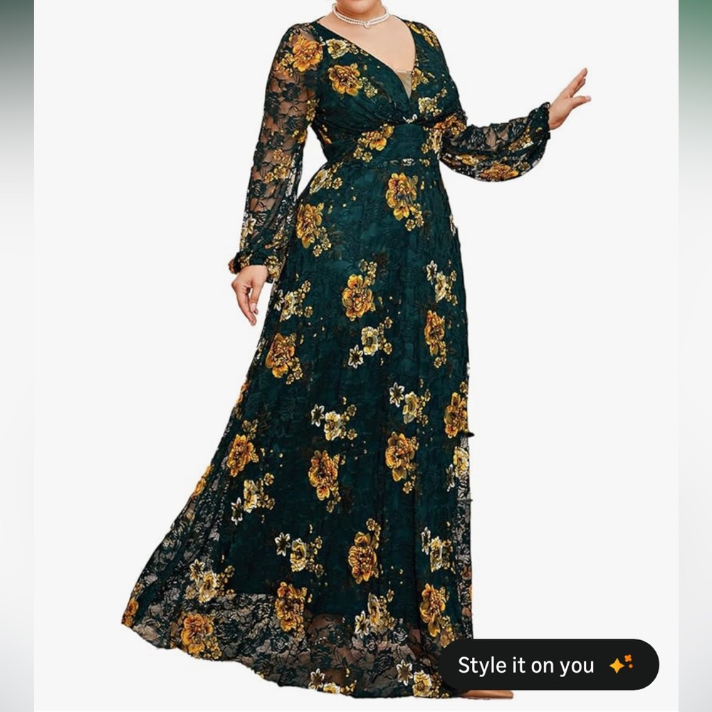 Women's Toleen Floral Lace Maxi Dress in Green and Yellow 2XL